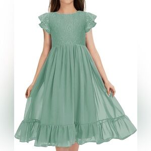 MITILLY Girls Elegant Lace Flower Ruffle Chiffon A-Line Flowy Party Midi Dress